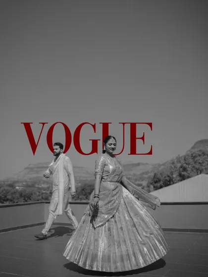 A fun, creative edit placing the couple on a mock "VOGUE" cover, presented in a stylish black and white format.