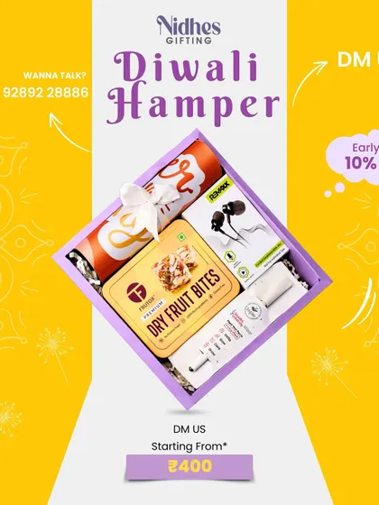 This graphic highlights a special early bird offer on my Diwali hampers. The featured box contains dry fruit bites, earphones, and other items, making it a great value-for-money corporate gift.
