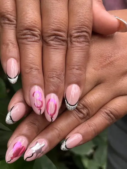 Custom birthday nails for one of my own team members. This fun design for turning 30 features chrome accents, abstract lines, and the number '30' in a balloon font.