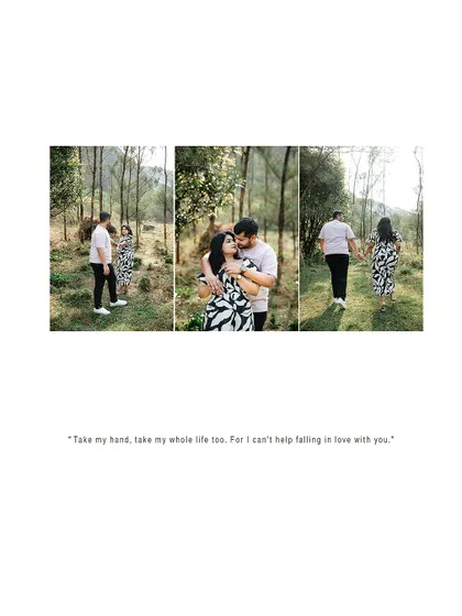 A collage of a couple's romantic moments in a forest, telling a story of falling in love.