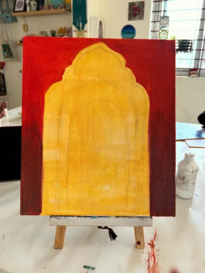 This is the painting in its early stages. I've blocked in the main colors for the background and the arch, setting the foundation before adding all the intricate patterns and details.