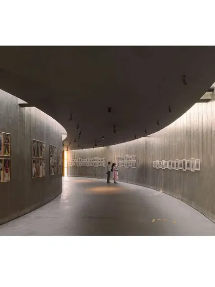 Another view of the curved gallery, showing how the space encourages a slow, meandering pace. The lighting is designed to be soft and indirect, focusing attention on the exhibits.