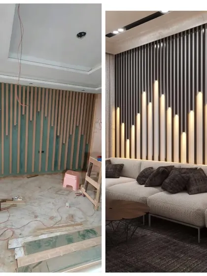A before and after of a stunning accent wall. We used vertical wooden slats and integrated custom-shaped lights to create a feature that looks like a piece of modern art.