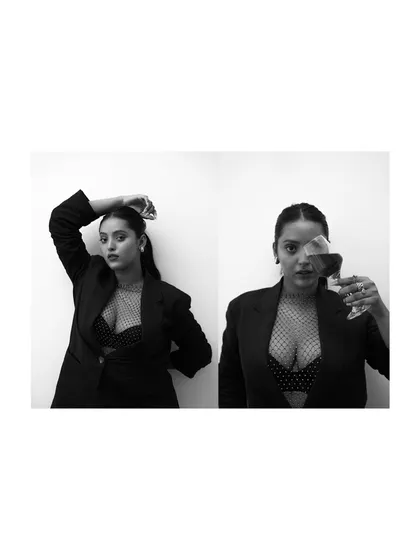 This black and white diptych shows two distinct poses from a fashion shoot, one powerful and one playful. It demonstrates the range of expression I aim to capture.