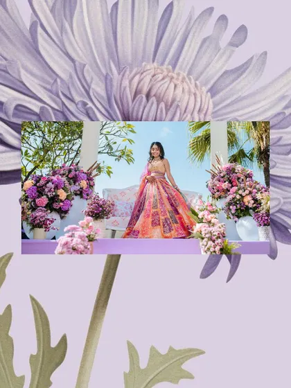An artistic edit of the bride's portrait, framed by a purple floral graphic.