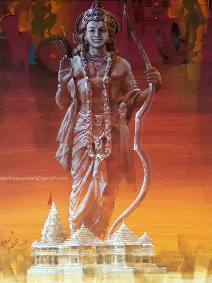 My painting "Glory of Prabhu Ram," showing Lord Ram with the Ayodhya temple. This acrylic on canvas piece was created for a painting camp in Ayodhya.