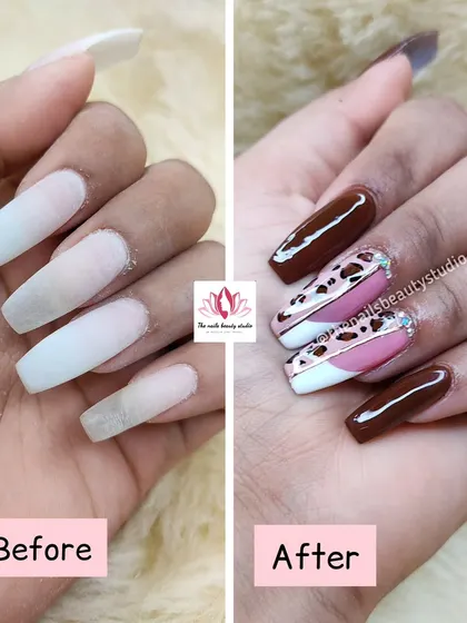 A before-and-after showing the process of creating this trendy leopard print nail art set.