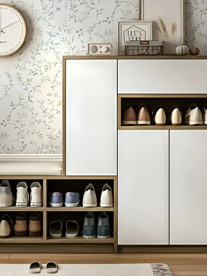 This practical shoe storage cabinet combines open shelving for easy access with closed cabinets to hide clutter. The attached bench provides a convenient spot to sit while putting on shoes, making it a great fit for family homes.