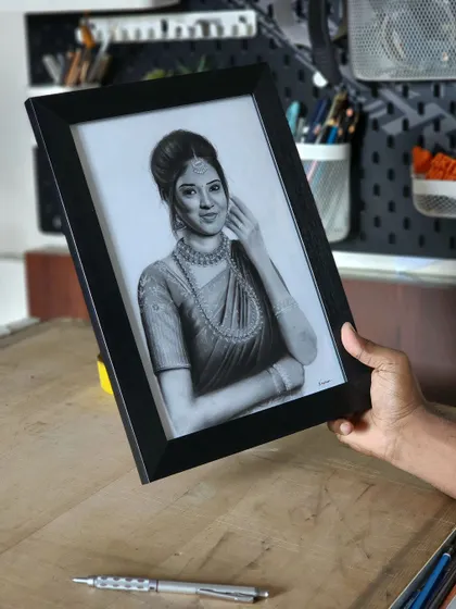 A finished A4 size portrait, completed in 8 hours. This shows that even smaller pieces can be packed with detail and personality.