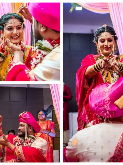 A collage of the couple during the wedding rituals, including the showering of rice, symbolizing blessings and prosperity.