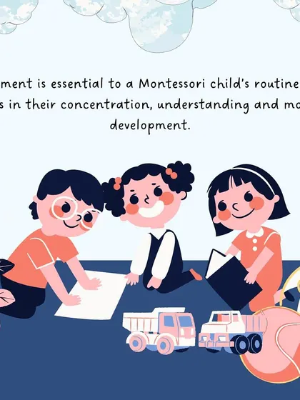 This series of graphics explains the importance of "Learning in Motion," showing how freedom of movement is essential for a child's concentration, understanding, and motor development.