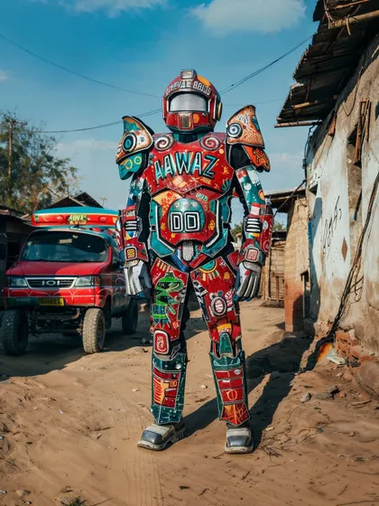 A warrior in a vibrant, truck-art inspired power armor. This piece, 'आवाज़ दो', blends folk art with sci-fi character design.