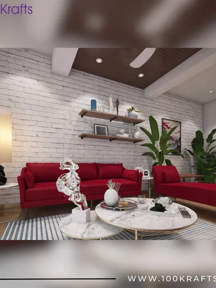 A living room from our 'Bohemian Fusion' concept, featuring a bold red sofa against a white brick wall. The mix of textures, plants, and modern art creates a free-spirited and chic vibe.