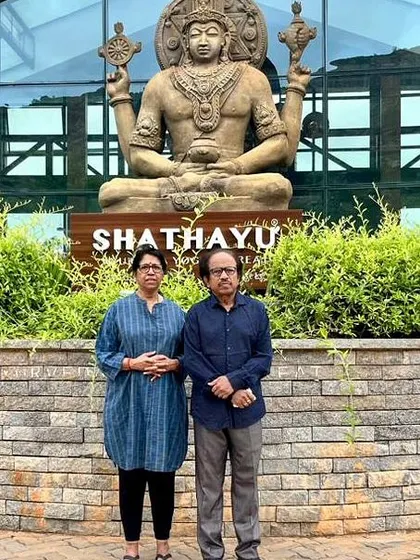 Legendary musician Dr. L. Subramaniam and his wife, singer Kavita Krishnamurthy, at our retreat. It is an honor to host such distinguished artists and provide them with a space for healing.