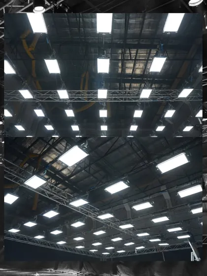 A collage showing the impressive grid of Creamsource Vortex8 lights used for the Mahindra commercial, capable of illuminating a very large area with soft, even light.