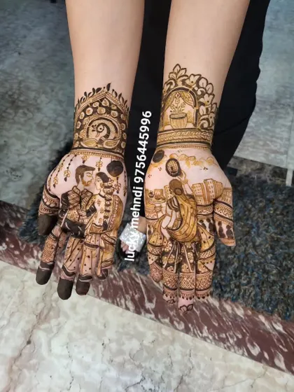 A classic Karwa Chauth story mehndi. One hand shows the couple together, while the other depicts the tradition of looking at the moon, complete with a decorative sieve and pot.