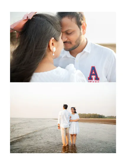 A two-part pre-wedding collage from a beach shoot, showing an intimate close-up and a wider shot of the couple standing together in the shallow water.