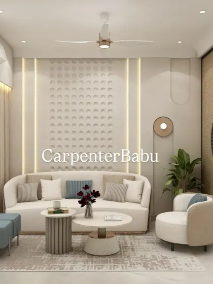 This compact living room uses a neutral color palette and smart furniture choices, like the curved sofa and nesting tables, to maximize space and maintain an airy, open feel.
