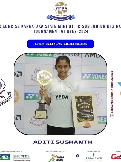 Aditi Sushanth winning the Gold medal in U13 Girl's Doubles at the Karnataka State Mini & Sub Junior Ranking Tournament.
