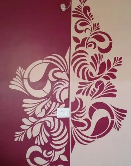 A clear, centered shot of the dual-tone damask stencil work. This demonstrates our precision in creating complex, mirrored patterns that meet perfectly in the middle.