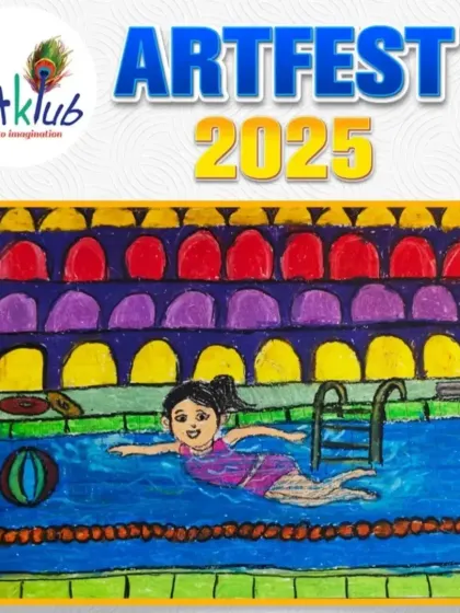This colourful drawing captures the fun of a day at the swimming pool. The artist has included a swimmer doing a lap, a ball in the water, and a detailed background with stadium-style seating.