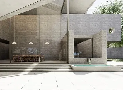 A render of the 'Tetris' house concept, focusing on the double-height dining area enclosed in glass. The design frames views of the landscape while being sheltered by the heavy concrete forms above.