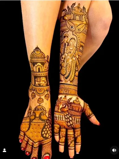A full bridal set combining hand and foot mehndi, with a focus on the beautiful couple portrait on the arms.