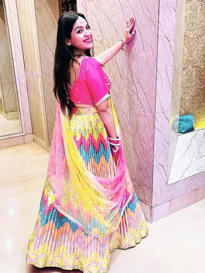 The full look of my rented festive lehenga. Renting is a smart and affordable way to wear different designer-style outfits for every wedding and festival.