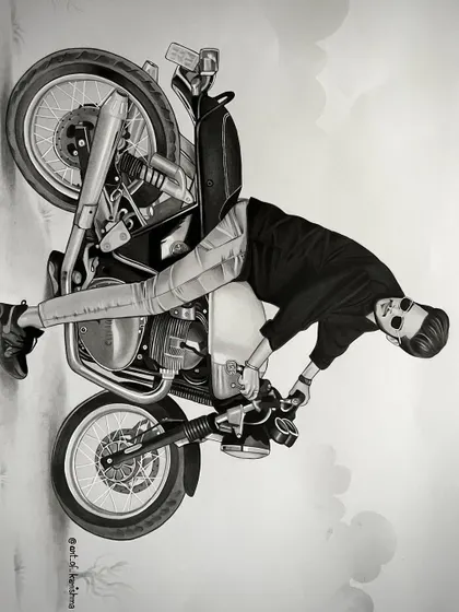 The details in this paid charcoal sketch of a man and his motorcycle were a wonderful challenge. From the shine on the engine to the texture of his jacket, every part was drawn with precision.