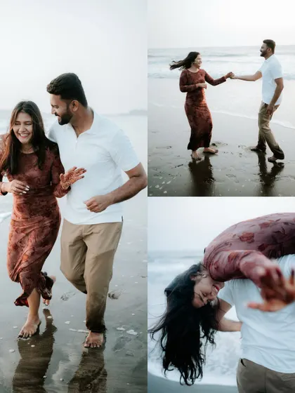 A collage showcasing the fun and dynamic moments from a beach pre-wedding shoot, from running in the sand to playful lifts.