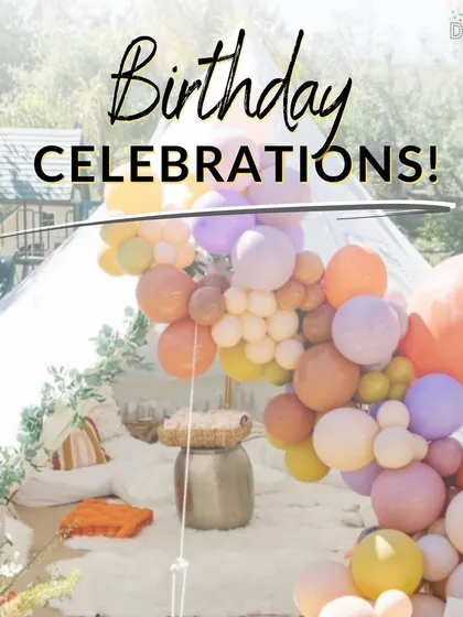 A graphic promoting my "Birthday Celebrations" services, showing a beautiful outdoor setup with a balloon arch. I can handle any theme or concept you have in mind.