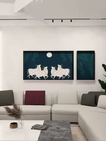 A family living area concept for the Gulecha Residence, featuring a large sectional sofa perfect for lounging. The artwork of Pichwai horses adds a traditional touch to the modern space, reflecting the client's personal taste.