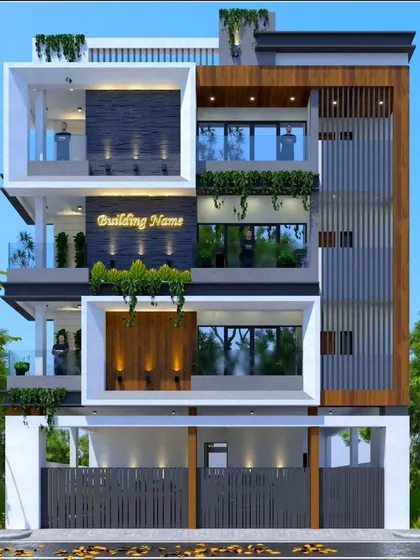 We design multi-story residential elevations that incorporate significant green elements. This 3D render shows how we use balcony gardens and facade planters to soften the structure and promote a connection with nature in an urban setting.