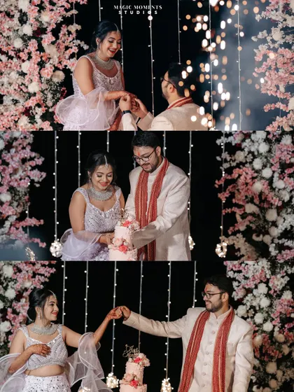 A collage of key moments from the engagement party: the ring exchange, cutting the cake, and the first dance.