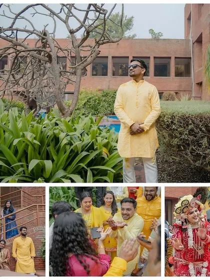 A collection of candid moments from the groom's haldi. These photos show him enjoying the festivities with his family and watching the beautiful dance performance.