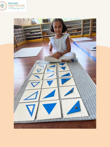 Exploring different types of triangles with the Geometry Cabinet. This tactile work helps children learn the specific names and properties of each shape.