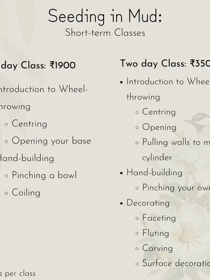This graphic outlines the curriculum for our one and two-day short-term classes, covering techniques from centring clay to coiling and pinching a bowl.