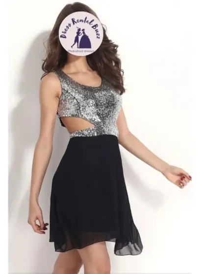 A fun and flirty party dress for rent, featuring a silver sequin top and a black chiffon skirt with side cutouts.