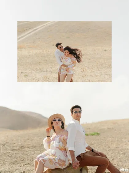 A collage showing the fun and fashionable side of a pre-wedding shoot in the deserts of Baku. I guide couples through various poses to create a diverse and stylish gallery.