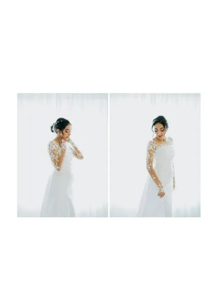 Two high-key portraits of the bride, showcasing her elegant gown and serene beauty. The minimalist style puts all the focus on the bride.