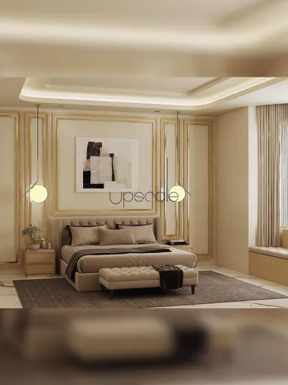 A 3D render of a luxurious bedroom concept. The design features neoclassical wall molding, a soft, neutral color palette, and layered lighting to create a serene and opulent retreat.