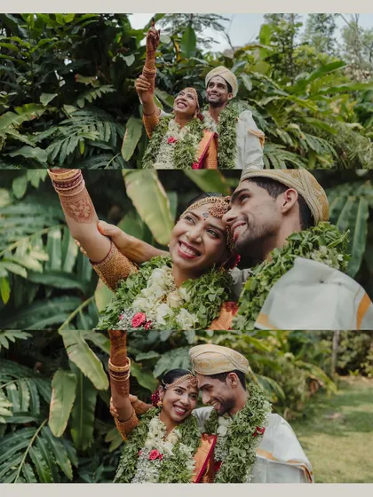 A modern take on a wedding selfie. This collage shows the couple's fun and joyful personalities as they take their own pictures right after the ceremony.