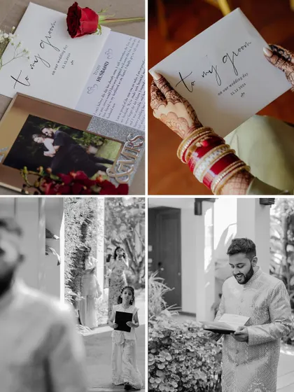 A collage showing the exchange of heartfelt letters and gifts between the bride and groom before the ceremony.