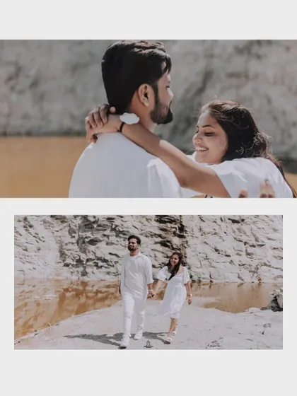 A collage showing a couple's romantic walk and embrace during their pre-wedding shoot at a quarry.