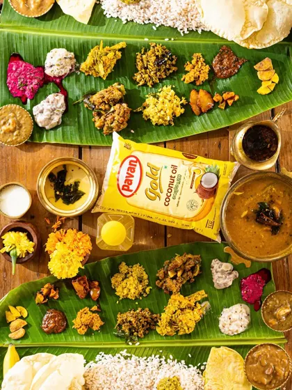 An alternate angle of the Onam sadya flatlay, providing a comprehensive view of the entire feast.