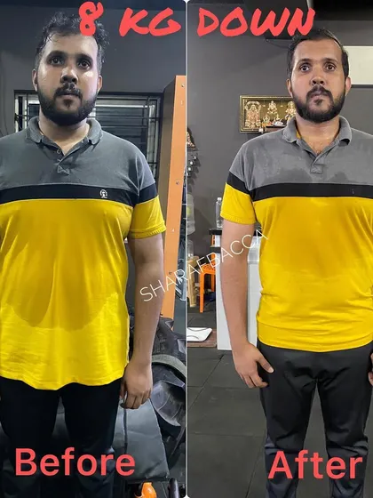 An 8 kg drop in weight for this student. This before and after shot shows a visible reduction in size and a step forward in his fat loss journey.