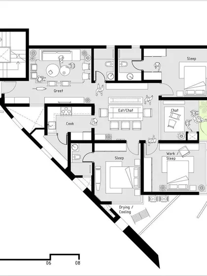The floor plan for the 'Rustic Minimal' apartment. The triangular layout presented a unique challenge, which we solved by creating a long, central axis for the main living and dining areas, with private rooms branching off.