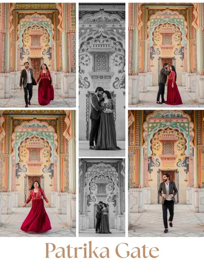 A collage showcasing the stunning, colorful archways of Patrika Gate. We captured Amit and Sakshi in various poses, making full use of this visually rich location.