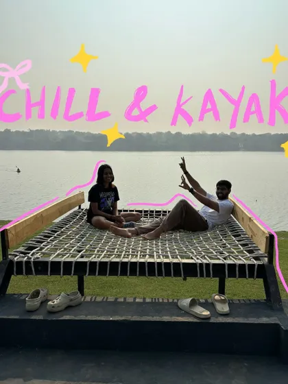 Chilling and kayaking in my hometown, Vadodara. This photo gets a fun title card with cute text and stars.