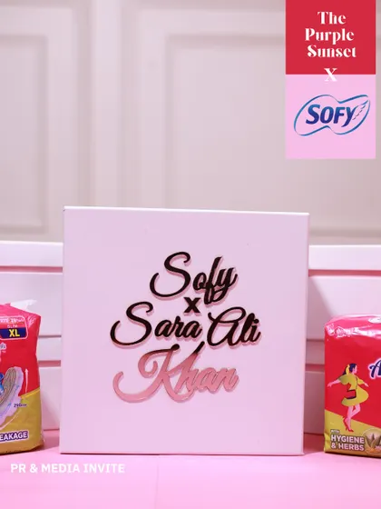 This image highlights the Sofy x Sara Ali Khan PR and media invite box, a great example of how I create gifts for high-profile brand campaigns.